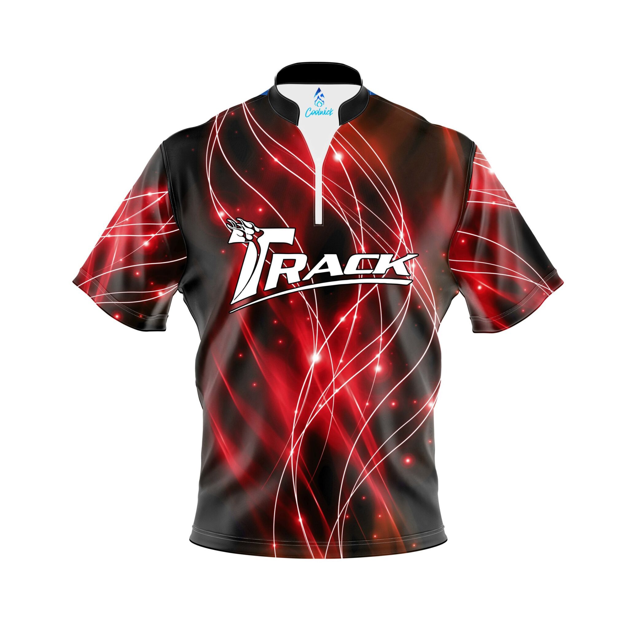 Track Red Spirals Quick Ship CoolWick Sash Zip Bowling Jersey