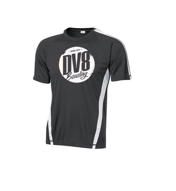 DV8 Men's Rumor Performance Crew Neck Bowling Shirt DriFit Graphite White Questions & Answers