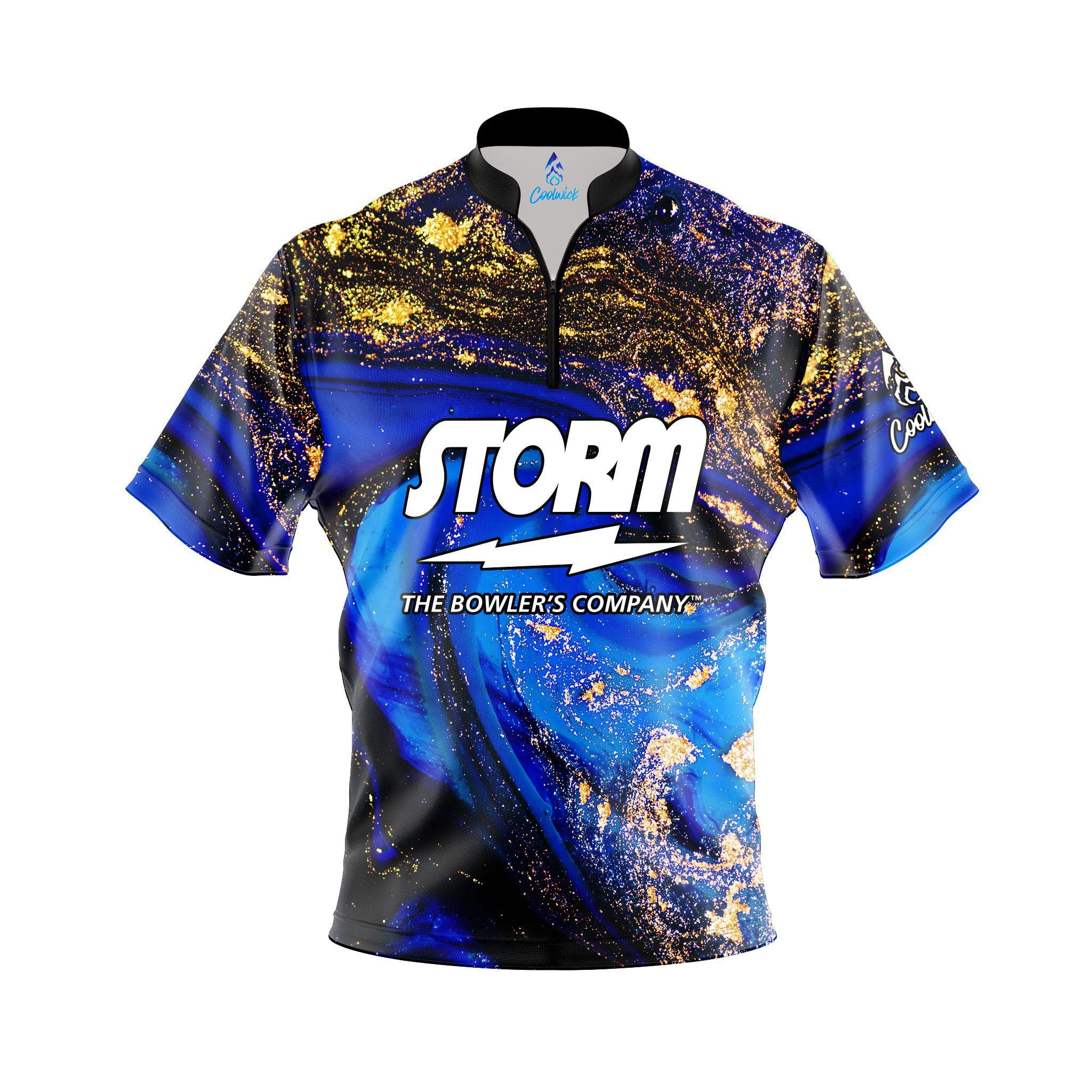 Storm Blue and Gold Liquid Marble Quick Ship CoolWick Sash Zip Bowling Jersey Questions & Answers